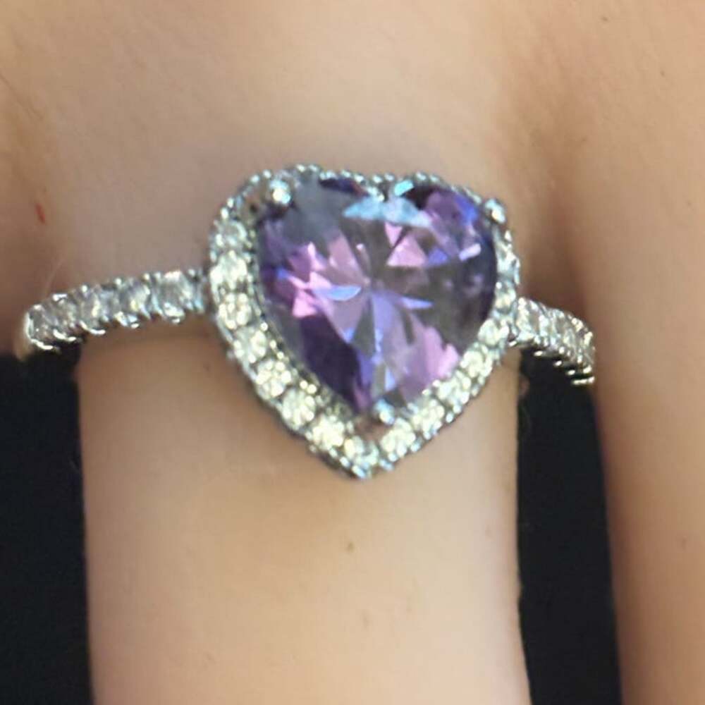 NIB Silver Tone Heart Ring with Purple Stone Size 5.75